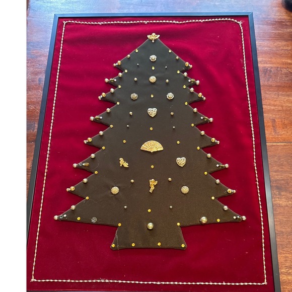 Other - Vintage Framed Costume Jewelry Christmas Tree‎ Art Red Velvet Holiday Wall Decor